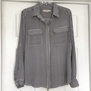 LOFT navy + white striped button front shirt with roll/cuff button sleeve